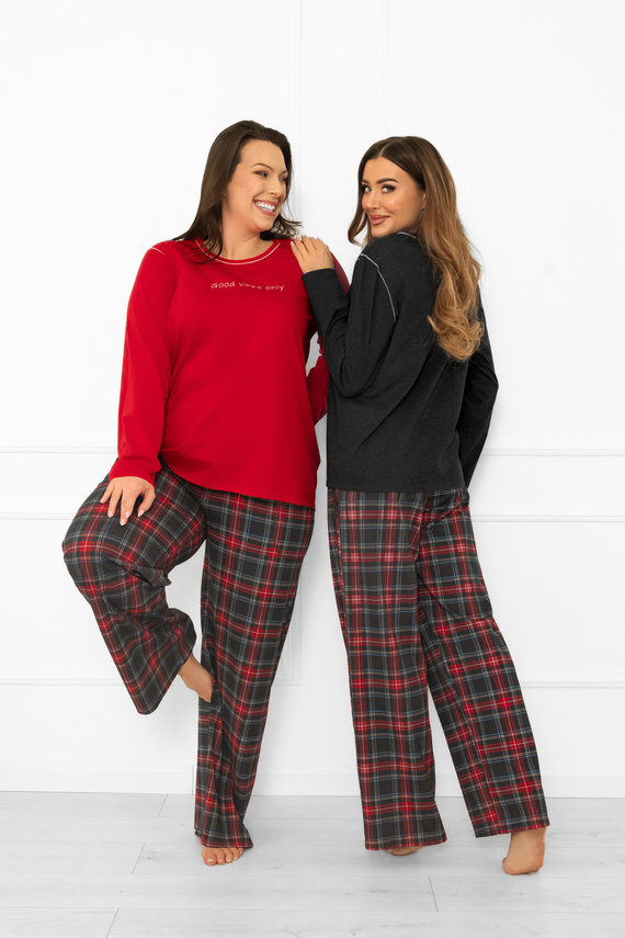 Dámské pyžamo Italian Fashion v červené barvě - bavlna, dlouhý rukáv a kalhoty, kostkované