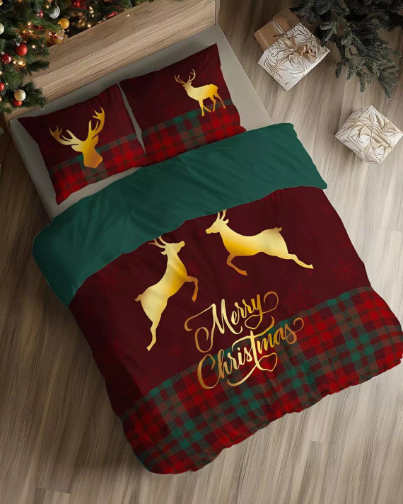 5827 A Christmas Dreams Detexpol kostkované bavlněné povlečení s veselými vánočními soby - vánoční set 100% bavlna