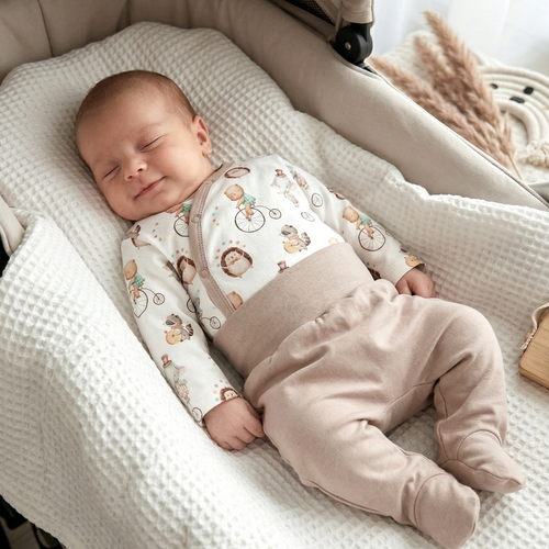 ABN-5581 Cirkusové dětské obálkové body od Nini - 100% organická bavlna, zapínání bez niklu, vyrobeno v Polsku