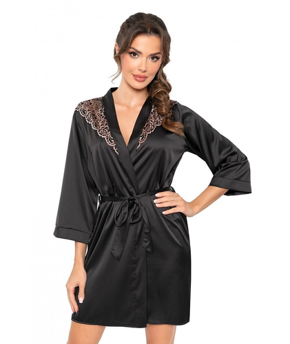 Sabrina Donna černý župan - saténové negližé s krajkou, zavazování v pase