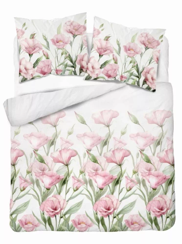 5328 B Pościel satynowa Różowe kwiaty duży na białym tle Detexpol