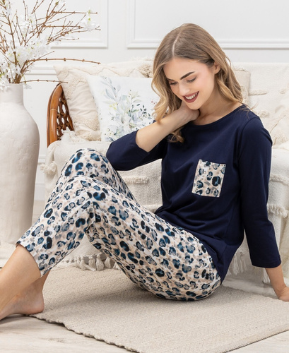 Leveza Victoria 1664 dámské pyžamo - bavlna, tmavě modrá, dlouhý rukáv
