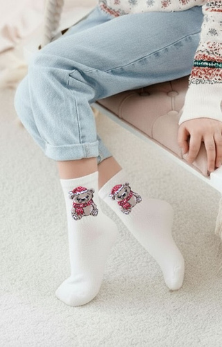 1306-009 Dívčí vánoční ponožky Milena ecru-bavlna, vzor medvídek