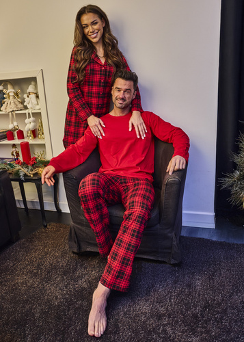 124/305 Denali Cornette- pánské bavlněné pyžamo s dlouhým rukávem, červené, kostkované kalhoty