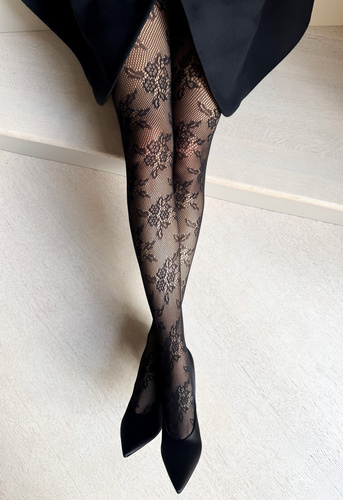 Veneziana Gia punčocháče černé - kabaretní s květinovým vzorem, bez výztuh na prstech