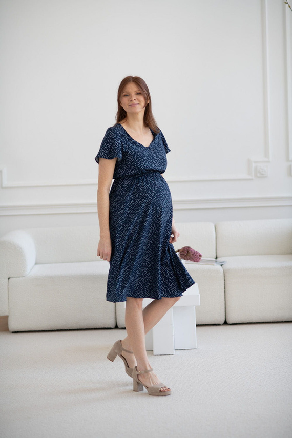Lovely Dress Midi sukienka ciążowa i do karmienia krótki rękaw Milk&Love granatowa w groszki