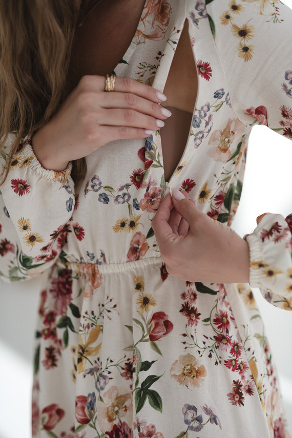 Krásné šaty Midi Milk&Love krémové květinové těhotenské a kojící šaty ze lnu, elegantní střih s kojícími zipy