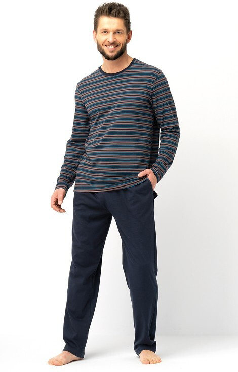 MNS 315 Pánské hnědé pyžamo Key - bavlna, pruhovaný top a hladké kalhoty