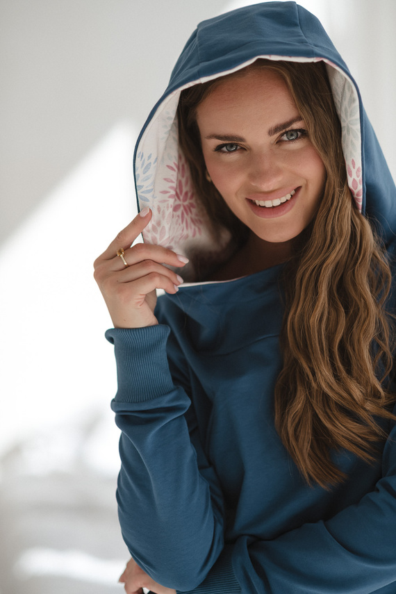 Milk Please Těhotenská a kojící halenka Jeans Blue s kapucí - Milk&Love, polská výroba