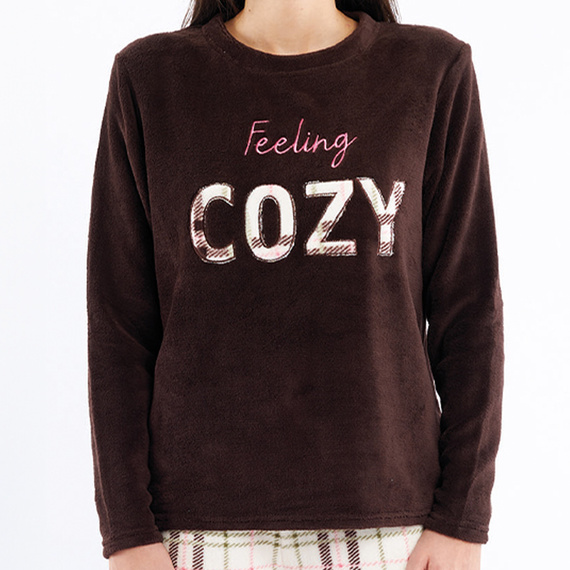 Hnědé pyžamo Liliana Sorbetto - hřejivý kostkovaný fleece s výšivkou