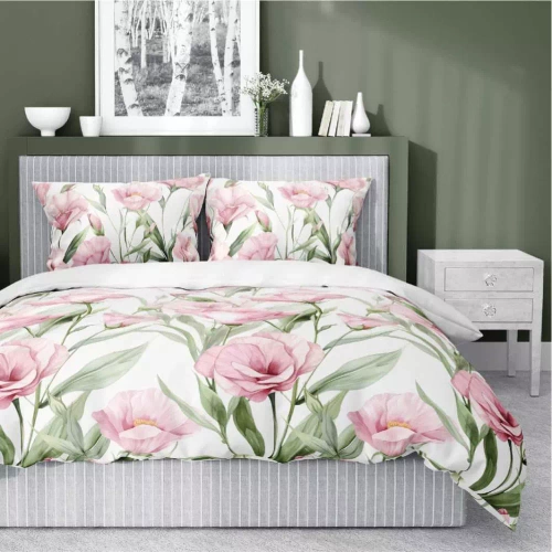 5328 A Pościel satynowa Różowe kwiaty na białym tle Detexpol