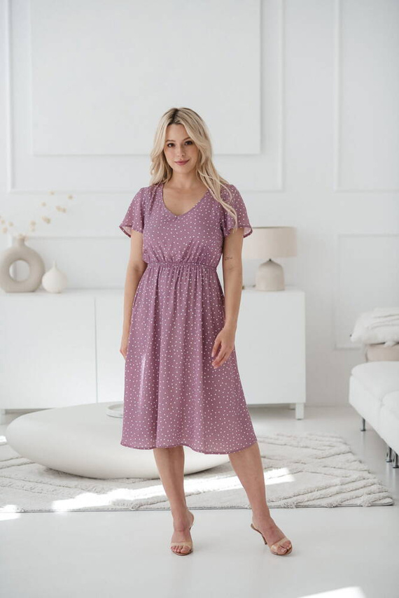 Lovely Dress Midi sukienka ciążowa i do karmienia krótki rękaw Milk&Love lilowy róż w groszki