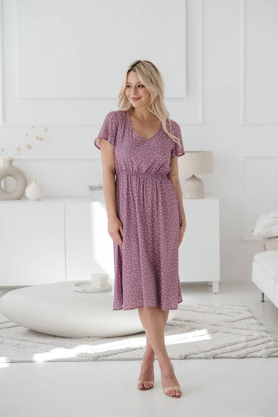 Lovely Dress Midi sukienka ciążowa i do karmienia krótki rękaw Milk&Love lilowy róż w groszki