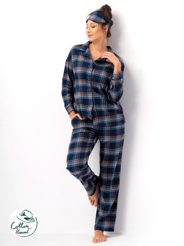Dámské pyžamo Key LNS 431 navy blue - bavlněný flanel, dlouhý rukáv, knoflíky