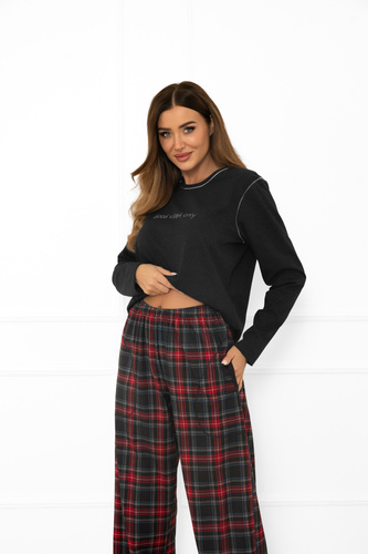 Italská móda dámské pyžamo tmavě melanžové, bavlna, dlouhý rukáv a kalhoty, kostkované