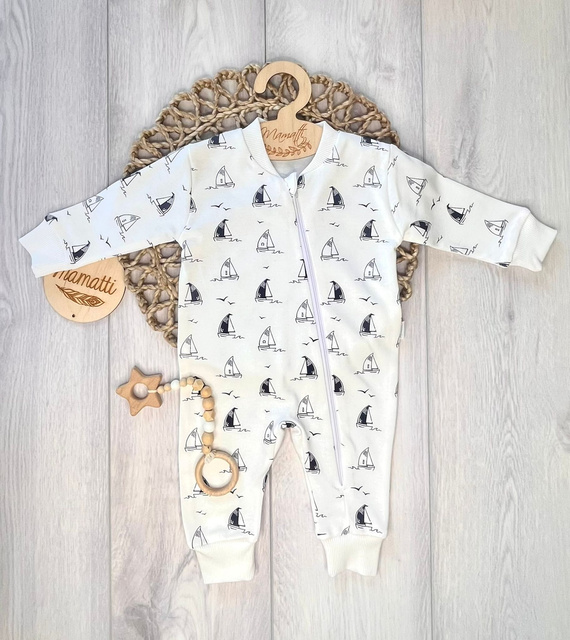 Kojenecký overal Mamatti PS16041 Lodě – bavlněný overal se zipem