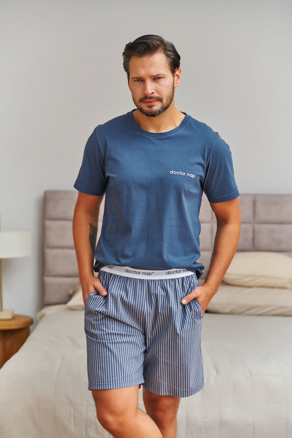 7424 Doctor Nap pánská bavlněná pyžama denim blue pruhované šortky