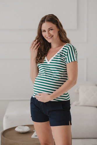 Těhotenská a kojící halenka na dva způsoby | Krátký rukáv, pohodlné zelené a bílé pruhy Milk&Love