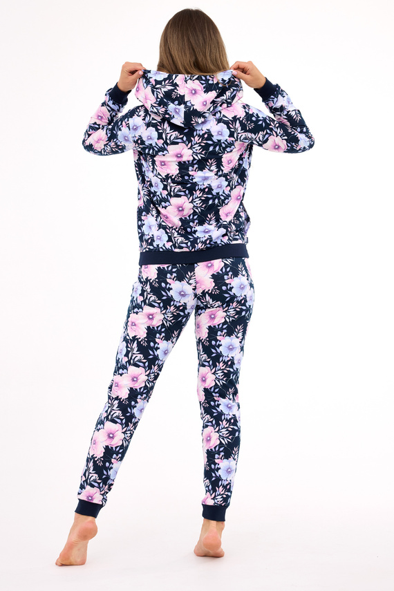 355/464 Dámské pyžamo Maddie Cornette - námořnicky modré, 3-dílné s halenkou s květinami a mikinou s kapucí