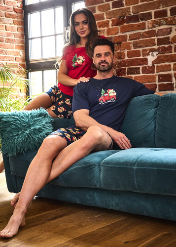 326/291 Teddy 4 Cornette pánské pyžamo - vánoční, tmavě modré, bavlna, krátký rukáv