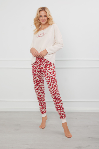Evora Dámské pyžamo s dlouhým rukávem a dlouhými kalhotami Italian Fashion - ecru/print