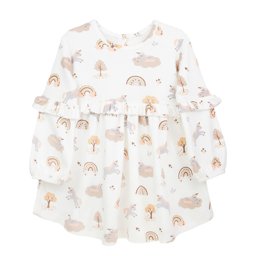 141970 Nicol šaty s dlouhým rukávem - krémová bavlna s jednorožci