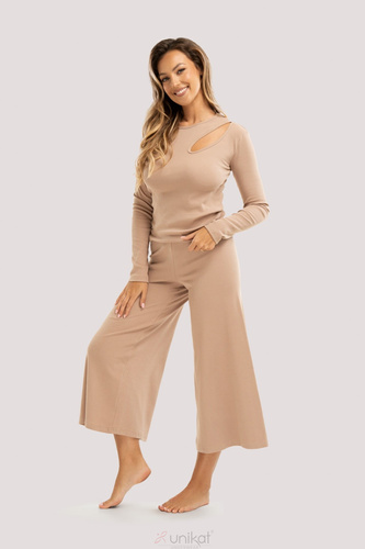 Zenové pyžamo béžové - elegantní bavlněné pyžamo s dlouhými rukávy, 7/8 nohavice