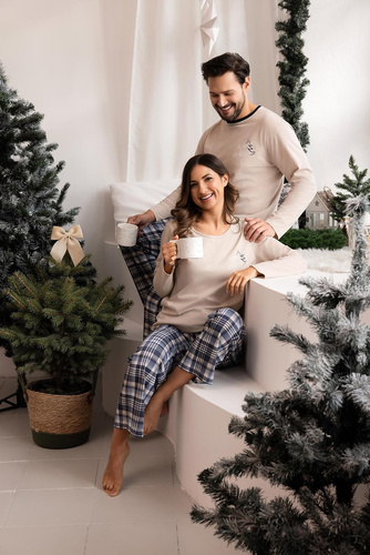 Dámské pyžamo Regina 743 béžová bavlna, délka. rukávy, potisk, kostkované kalhoty