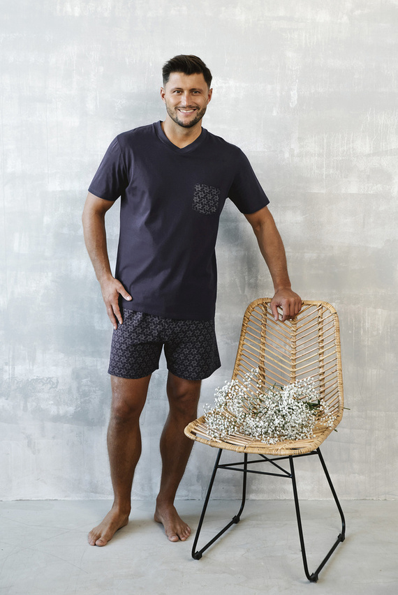 Diaz Pánské pyžamo s krátkým rukávem, šortky Italian Fashion - námořnická modř/potisk