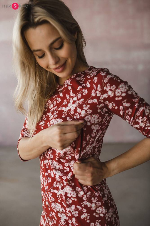 Milky Dress Sukienka do karmienia Milk&Love rękaw 3/4 burgund w kwiaty