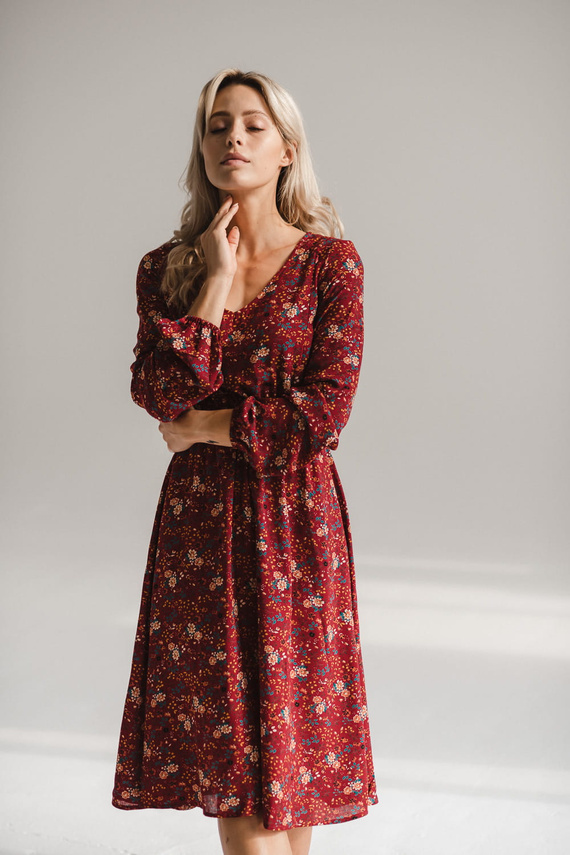 Krásné šaty Midi těhotenské a kojící šaty Milk&Love - bordó květinové, dlouhý rukáv