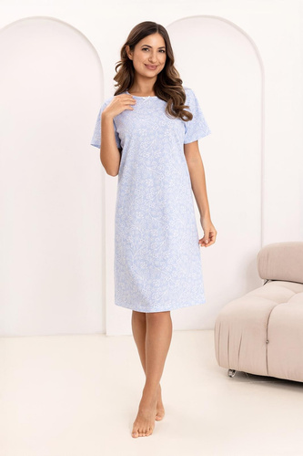 169 Noční košile Regina modrá - bavlna, květinový vzor, půlkruhový výstřih