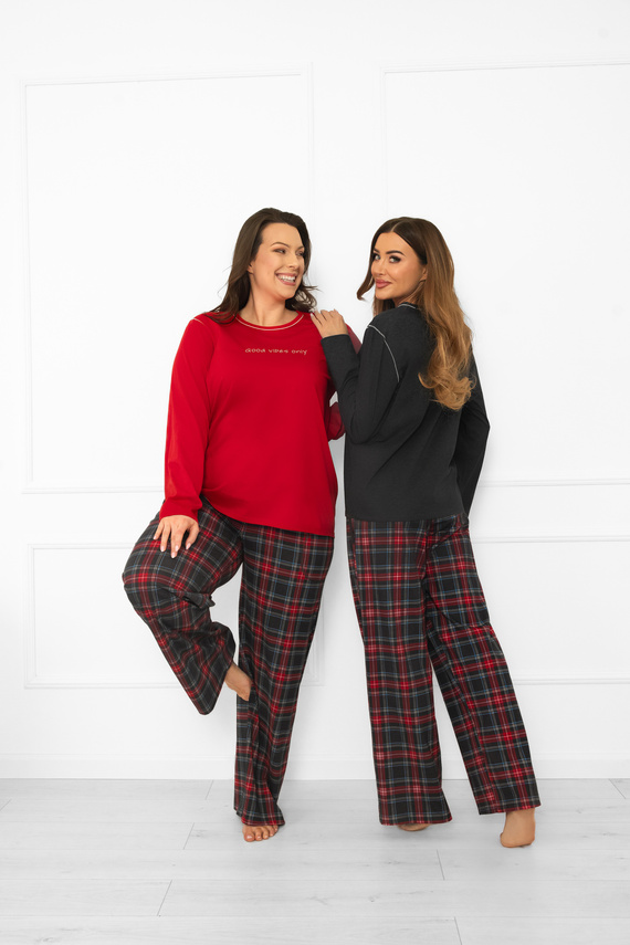 Dámské pyžamo Italian Fashion v červené barvě - bavlna, dlouhý rukáv a kalhoty, kostkované