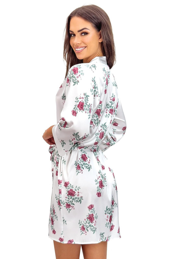 Krátký dámský župan Julia ecru donna – satén, květinový vzor, pásek v pase