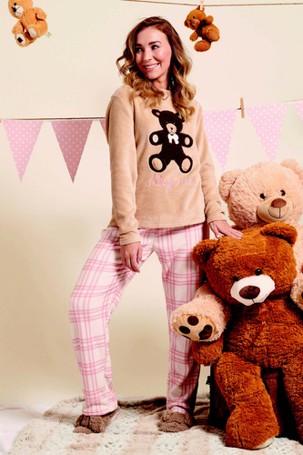 Madlen Dámské pyžamo Sorbetto hnědé - fleece, s výšivkou medvídka a kostkovanými kalhotami
