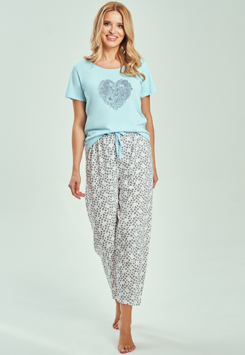 3513 Alessia Dámské tyrkysové pyžamo - 100% bavlna, tričko s krátkým rukávem, 7/8 kalhoty