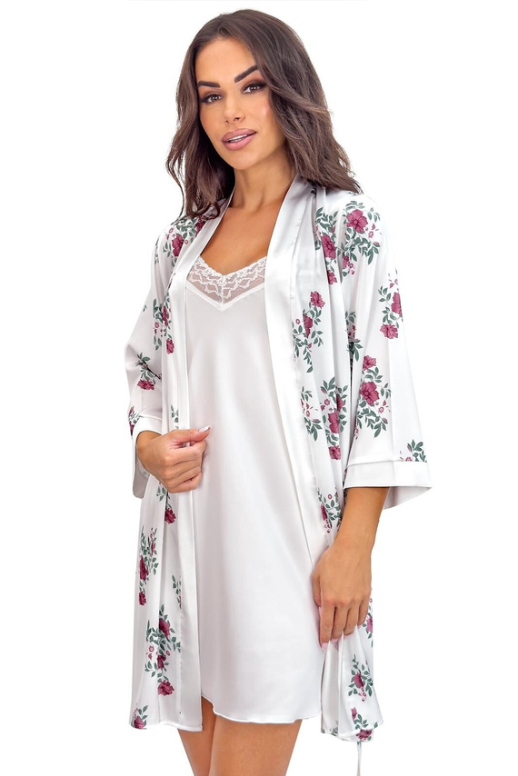 Krátký dámský župan Julia ecru donna – satén, květinový vzor, pásek v pase