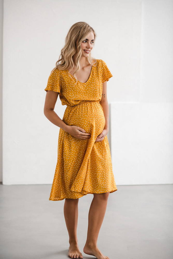 Lovely Dress Midi sukienka ciążowa i do karmienia krótki rękaw Milk&Love musztardowy w groszki