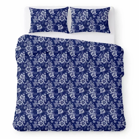 Bavlněné ložní povlečení z krepové bavlny komplet prodyšné bez žehlení navy blue with white flowers