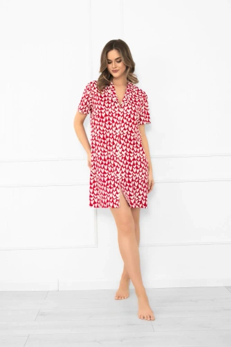 Ksenia Italian Fahion - dámská bavlněná noční košile se srdíčky, zapínání na knoflíky, krátký rukáv