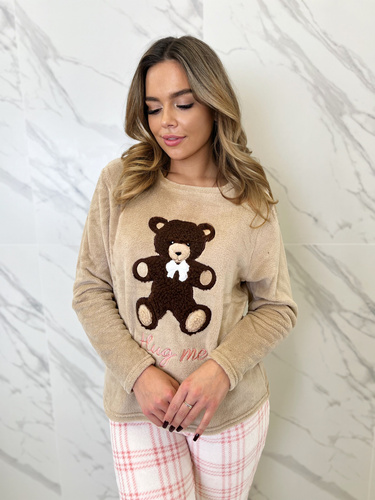 Madlen Dámské pyžamo Sorbetto hnědé - fleece, s výšivkou medvídka a kostkovanými kalhotami