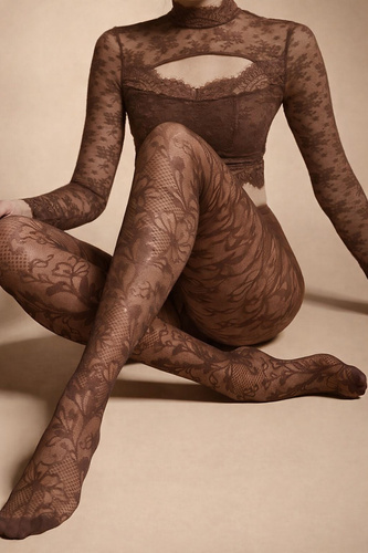 Dámské punčochové kalhoty Knittex Chantilly 30 den – krajkový květinový vzor mocca