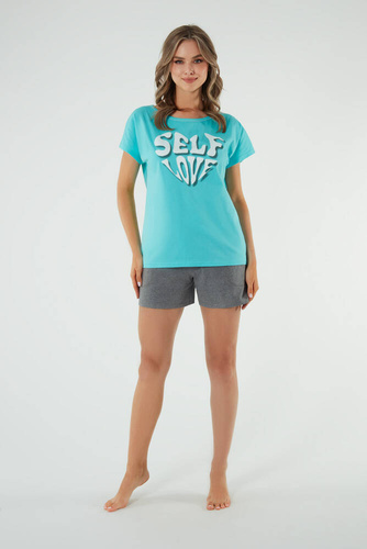 Selfie Dámské pyžamo s krátkým rukávem, šortky Italian Fashion - tyrkysová/melanžová