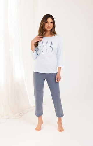 Pyžamo 703 Regina bavlna modré - dámské, 3/4 rukáv, 7/8 kalhoty, květinový potisk
