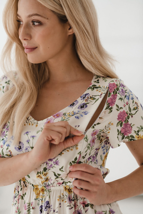 Krásné šaty mateřské a kojící s krátkým rukávem Milk&Love krémové květinové šaty