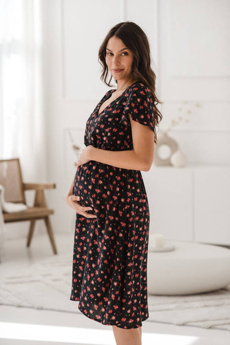 Lovely Dress Midi sukienka ciążowa i do karmienia krótki rękaw Milk&Love navy w różyczki