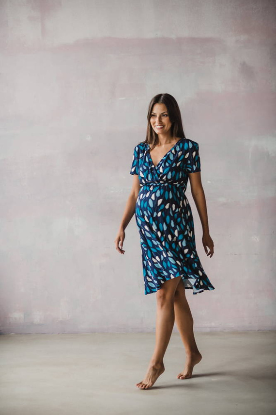 Two Ways MIDI Sukienka ciążowa i do karmienia krótki rękaw Milk&Love listki na granacie