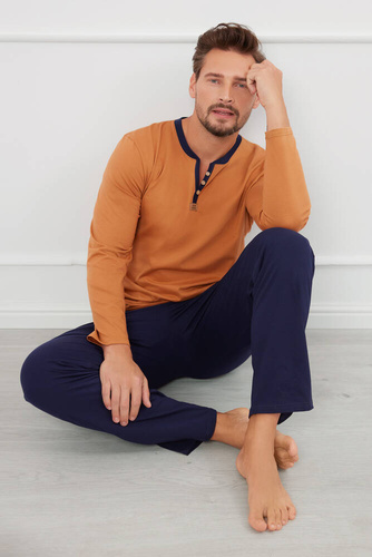 Julius Pánské pyžamo s dlouhým rukávem, dlouhé kalhoty Italian Fashion - koňaková/zelená