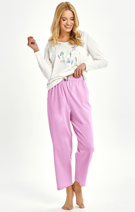 3459 Monica Dámské pyžamo Taro cream - 100% bavlna, dlouhý rukáv, květinový potisk