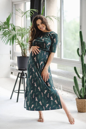 Sukienka ciążowa i do karmienia Two Ways LONG Milk&Love butelkowa zieleń w gałązki